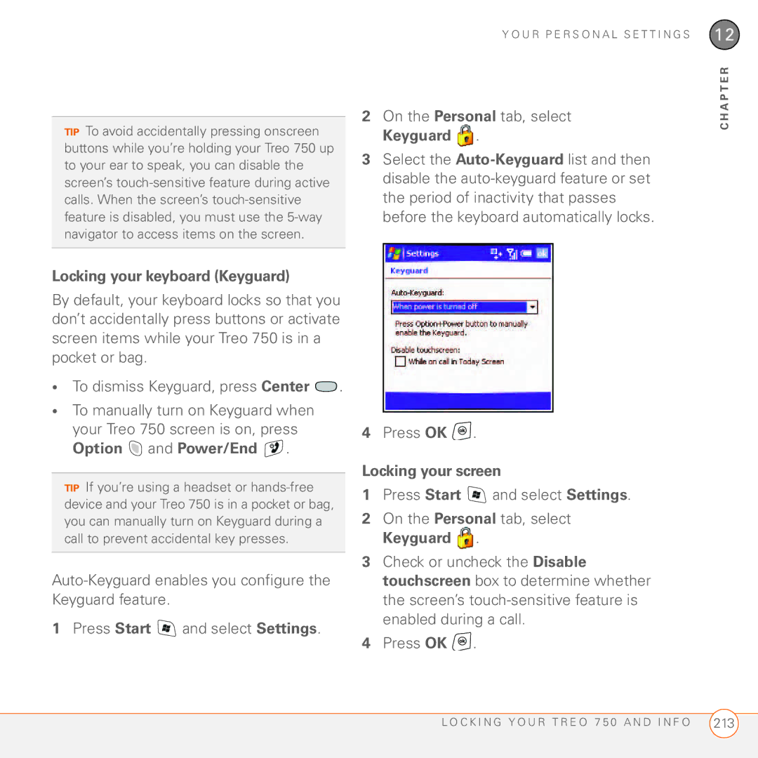 Palm 750 manual Locking your keyboard Keyguard, Locking your screen 