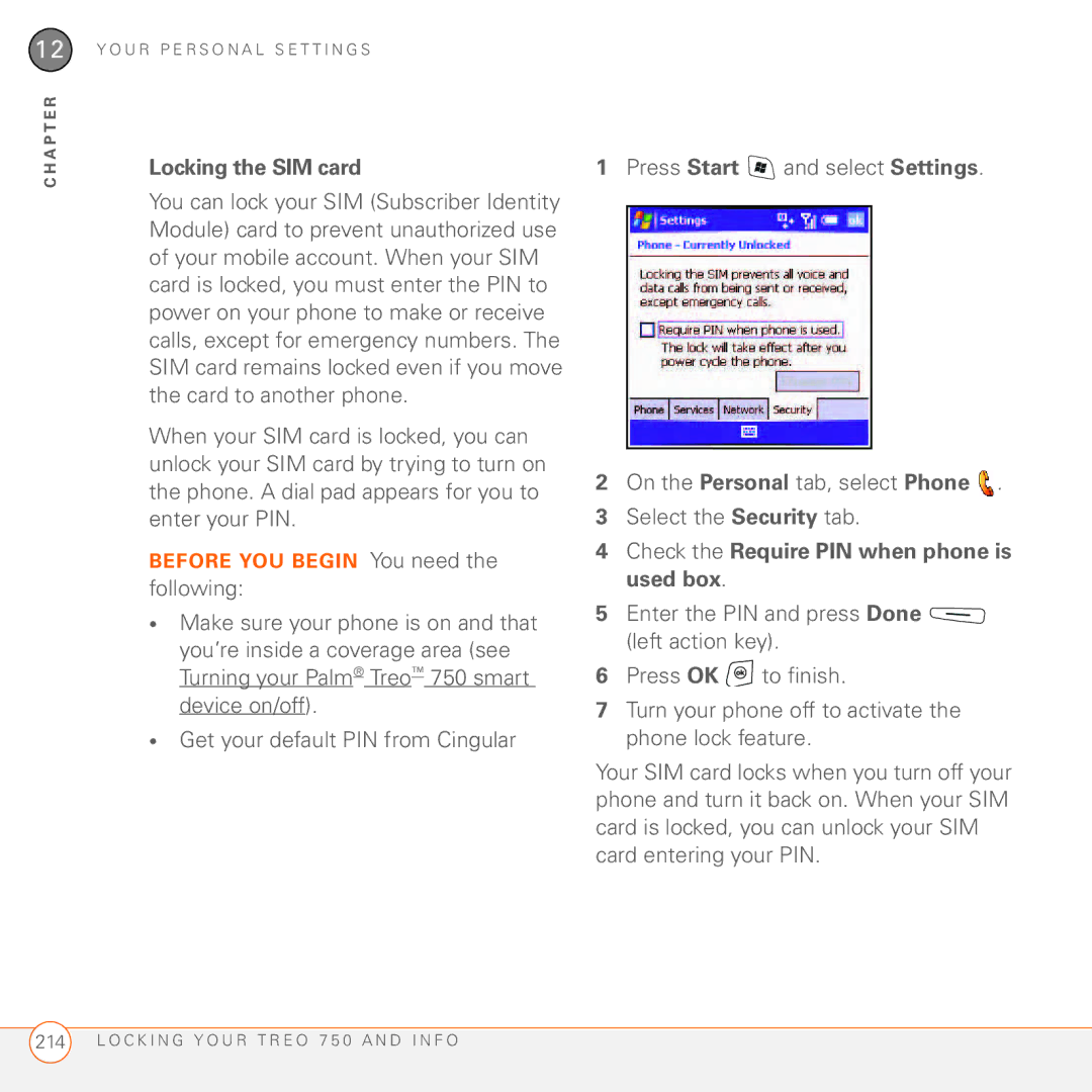 Palm 750 manual Locking the SIM card, Check the Require PIN when phone is used box 