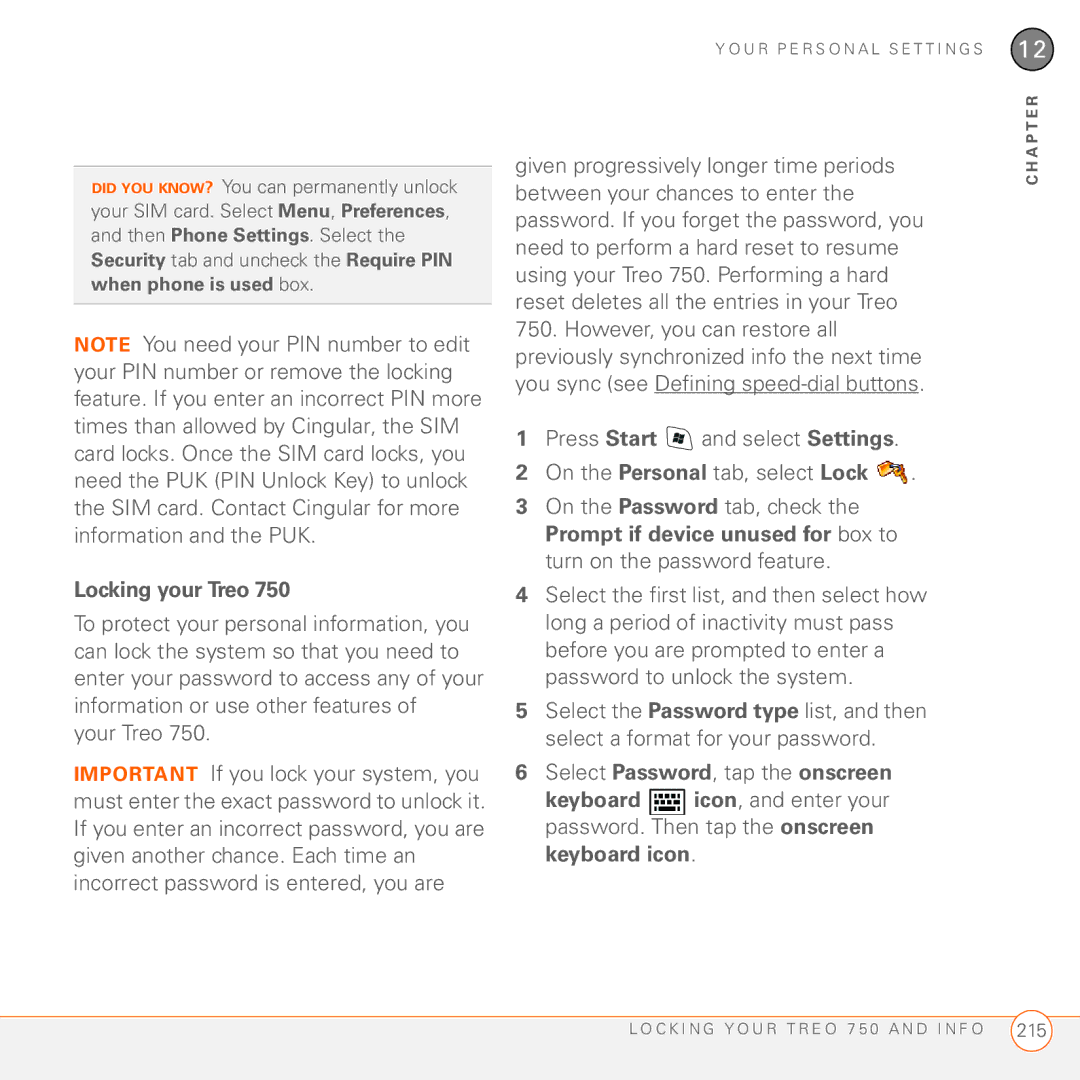 Palm 750 manual Locking your Treo, Select Password, tap the onscreen 