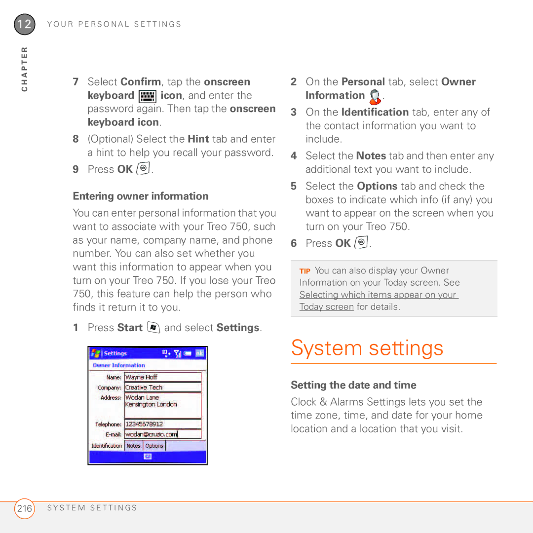 Palm 750 manual System settings, Entering owner information, Setting the date and time 