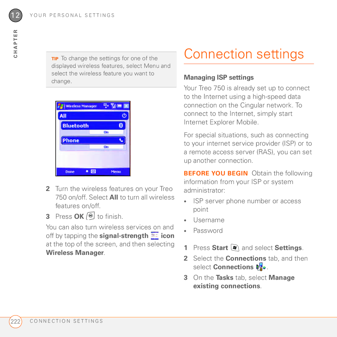 Palm 750 manual Connection settings, Wireless Manager, Managing ISP settings 