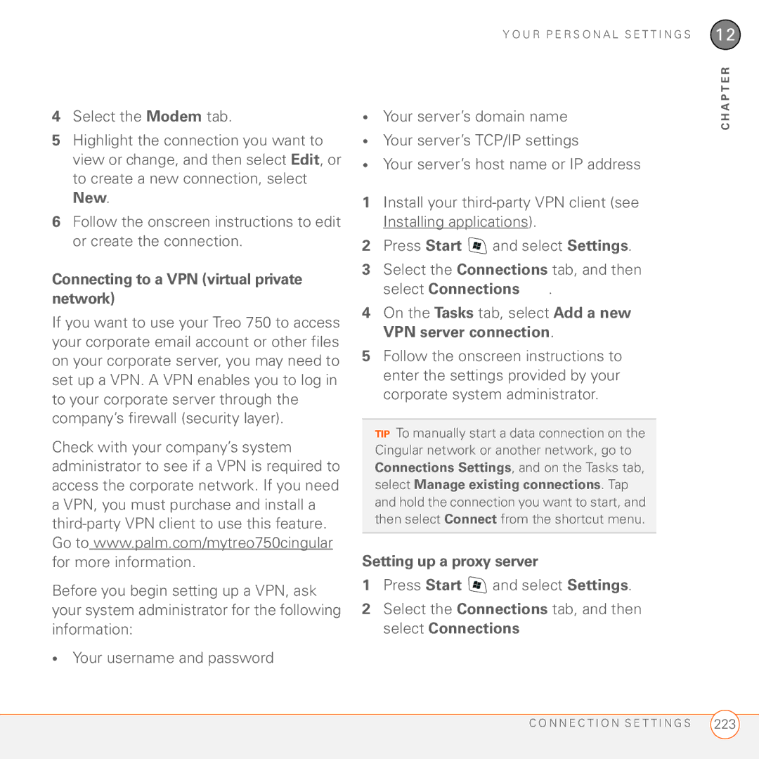 Palm 750 manual Connecting to a VPN virtual private network, Setting up a proxy server 