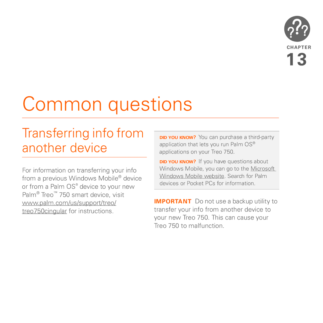 Palm 750 manual Common questions, Transferring info from another device 