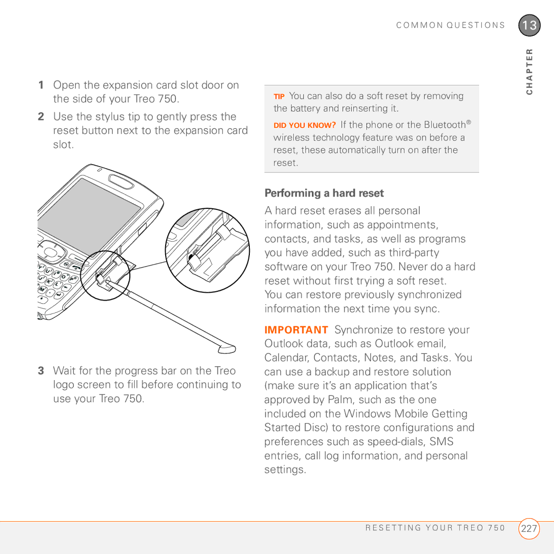 Palm 750 manual Performing a hard reset 