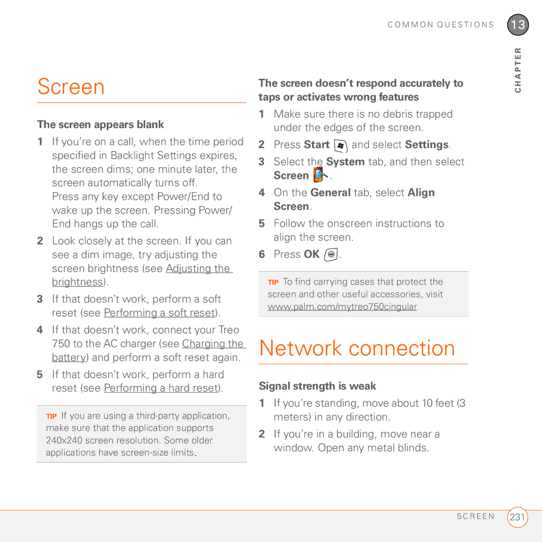 Palm 750 manual Network connection, Screen appears blank, Signal strength is weak 