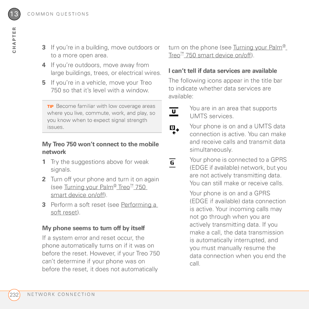 Palm manual My Treo 750 won’t connect to the mobile network, My phone seems to turn off by itself 