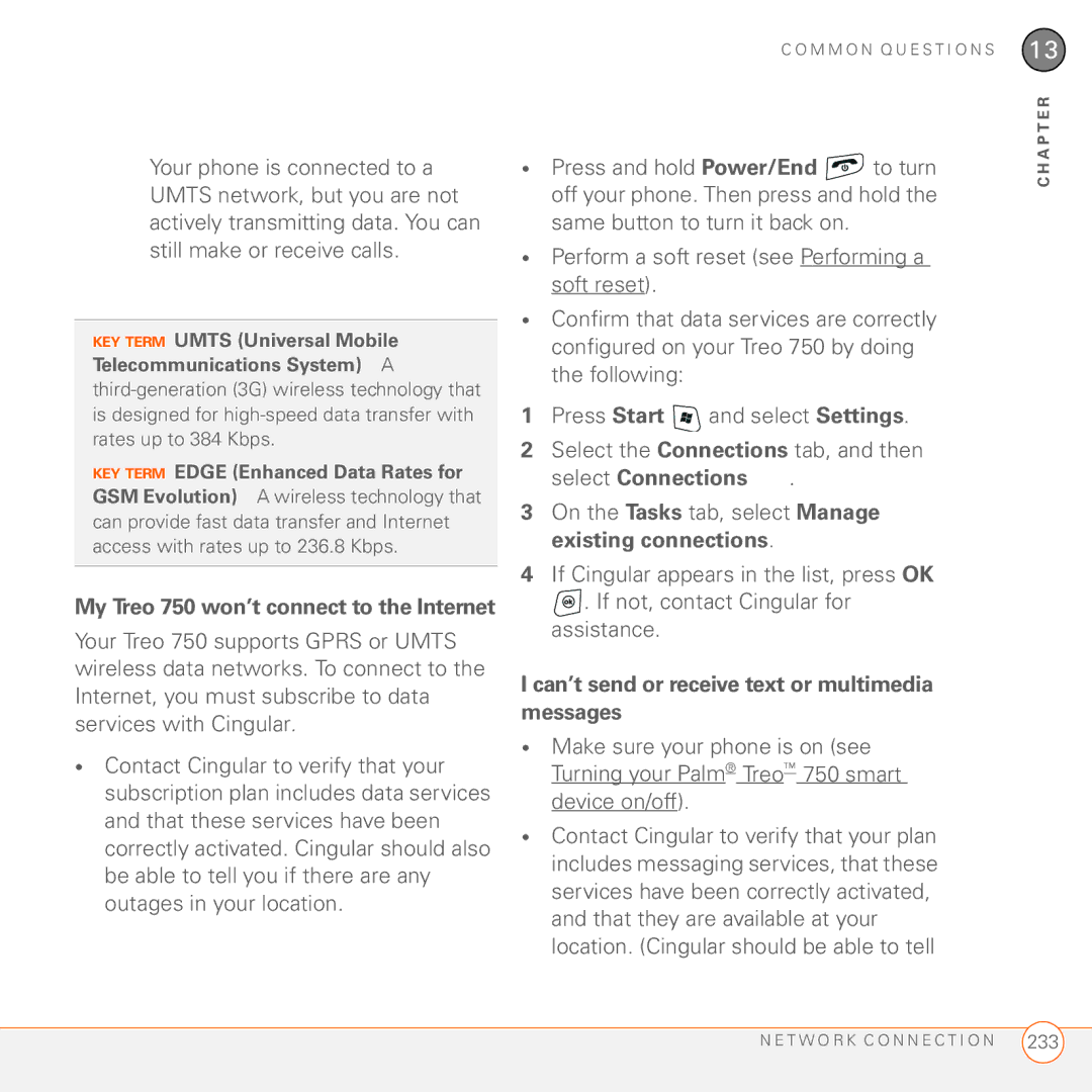Palm 750 manual Can’t send or receive text or multimedia messages 