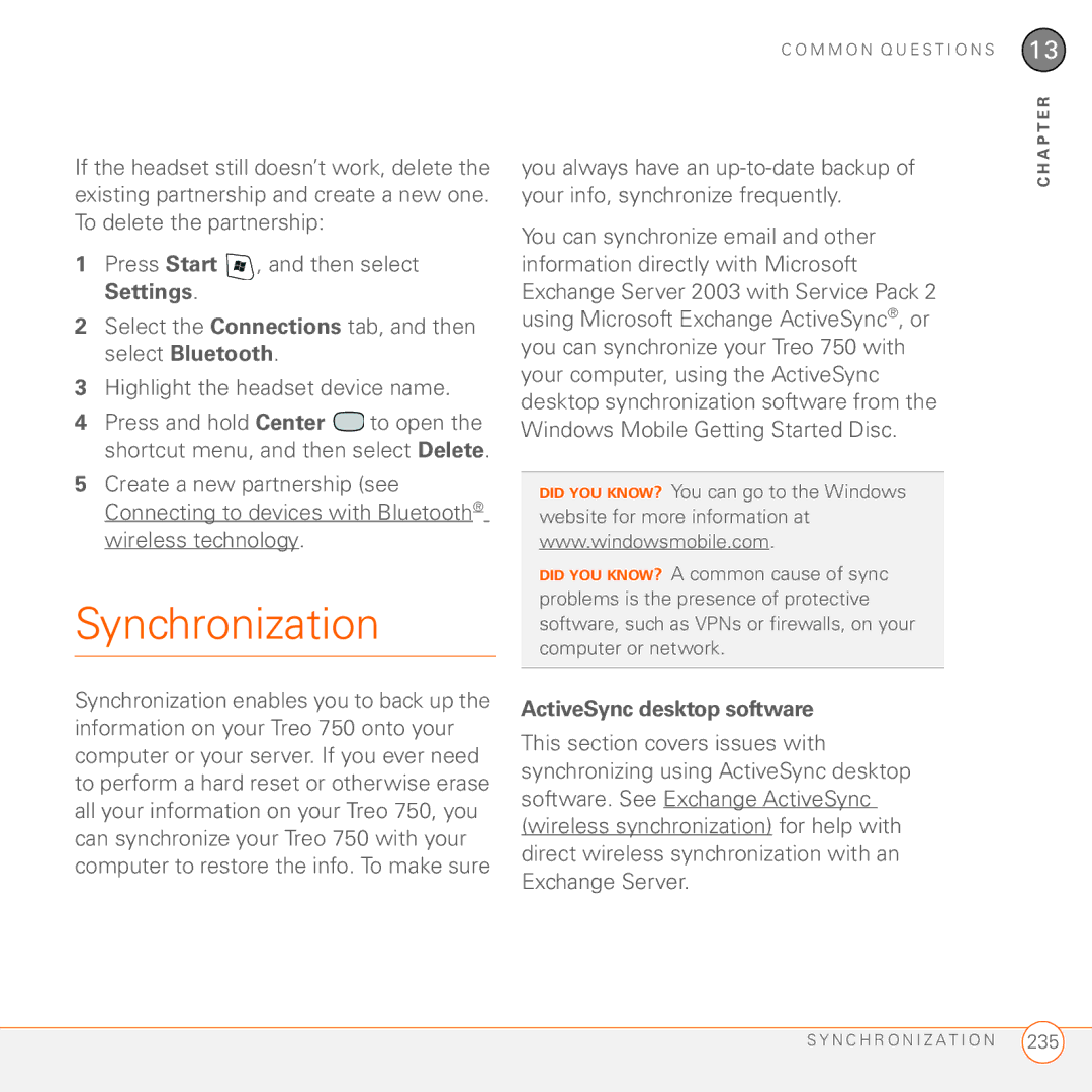 Palm 750 manual Synchronization, ActiveSync desktop software 