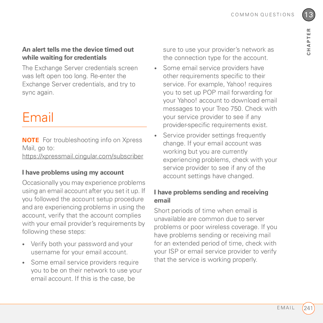 Palm 750 manual Have problems using my account, Have problems sending and receiving email 