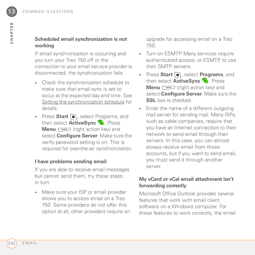 Palm 750 manual Scheduled email synchronization is not working, Have problems sending email 
