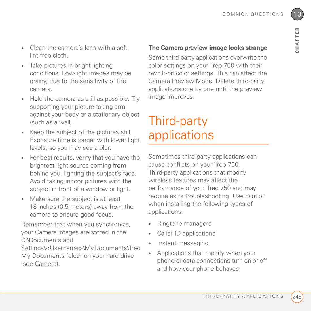 Palm 750 manual Third-party applications, Camera preview image looks strange 
