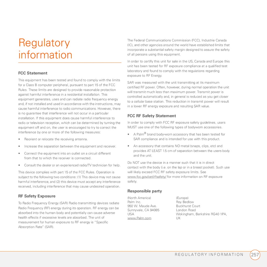 Palm 750 manual Regulatory information, FCC Statement 