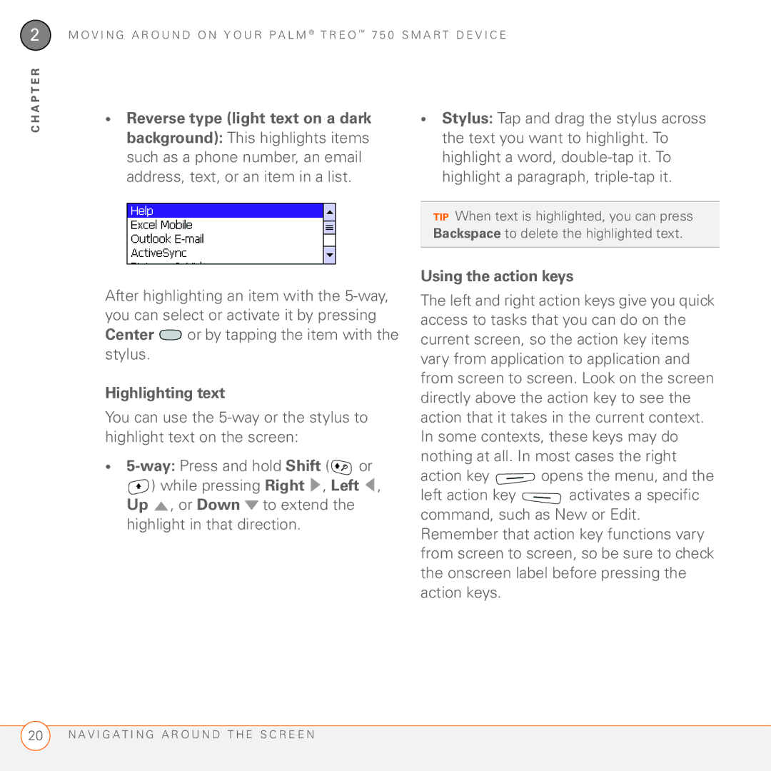 Palm 750 manual Highlighting text, Using the action keys 