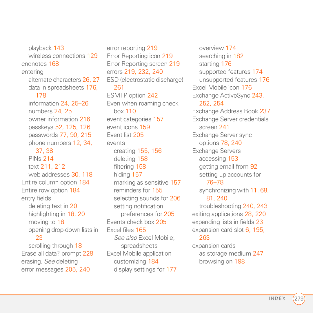 Palm 750 manual Errors 219, 232, 261, 178, 252, Passkeys 52, 125, Passwords 77, 90, Text 211, 76-78, 263 