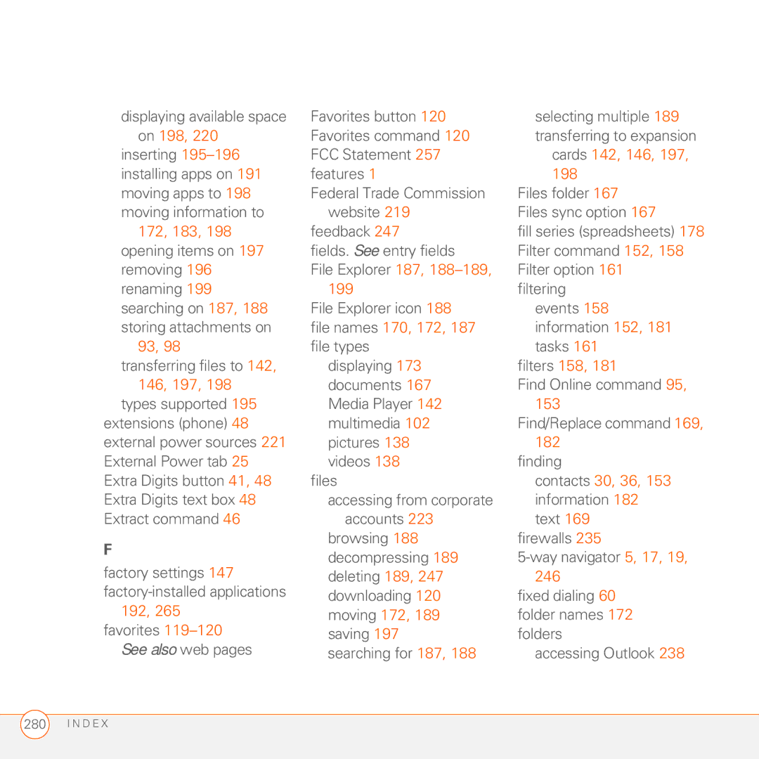 Palm 750 manual On 198, Cards 142, 146, 172, 183, 199, File names 170, 172, 146, 197, 182, Contacts 30, 36, Moving 172 