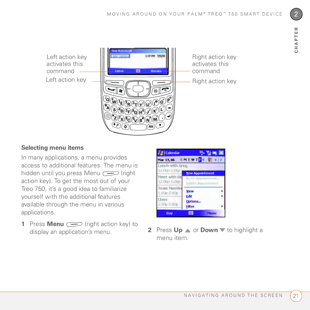 Palm 750 manual Left action key activates this command, Selecting menu items 