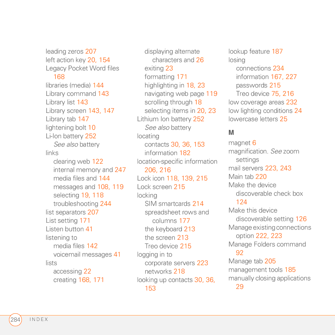 Palm 750 manual Leading zeros, Lists accessing 22 creating 168, Manage Folders command 