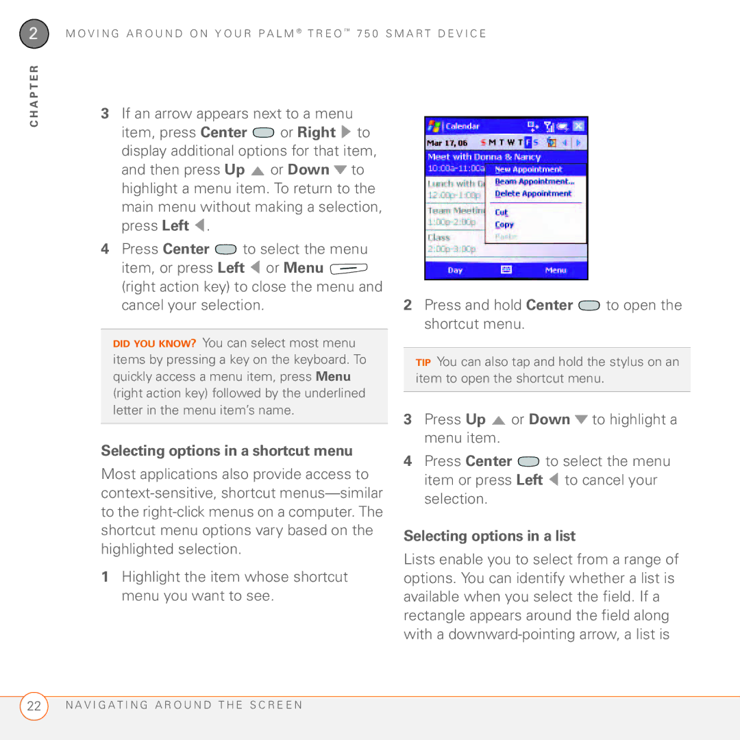 Palm 750 manual Selecting options in a shortcut menu, Selecting options in a list 