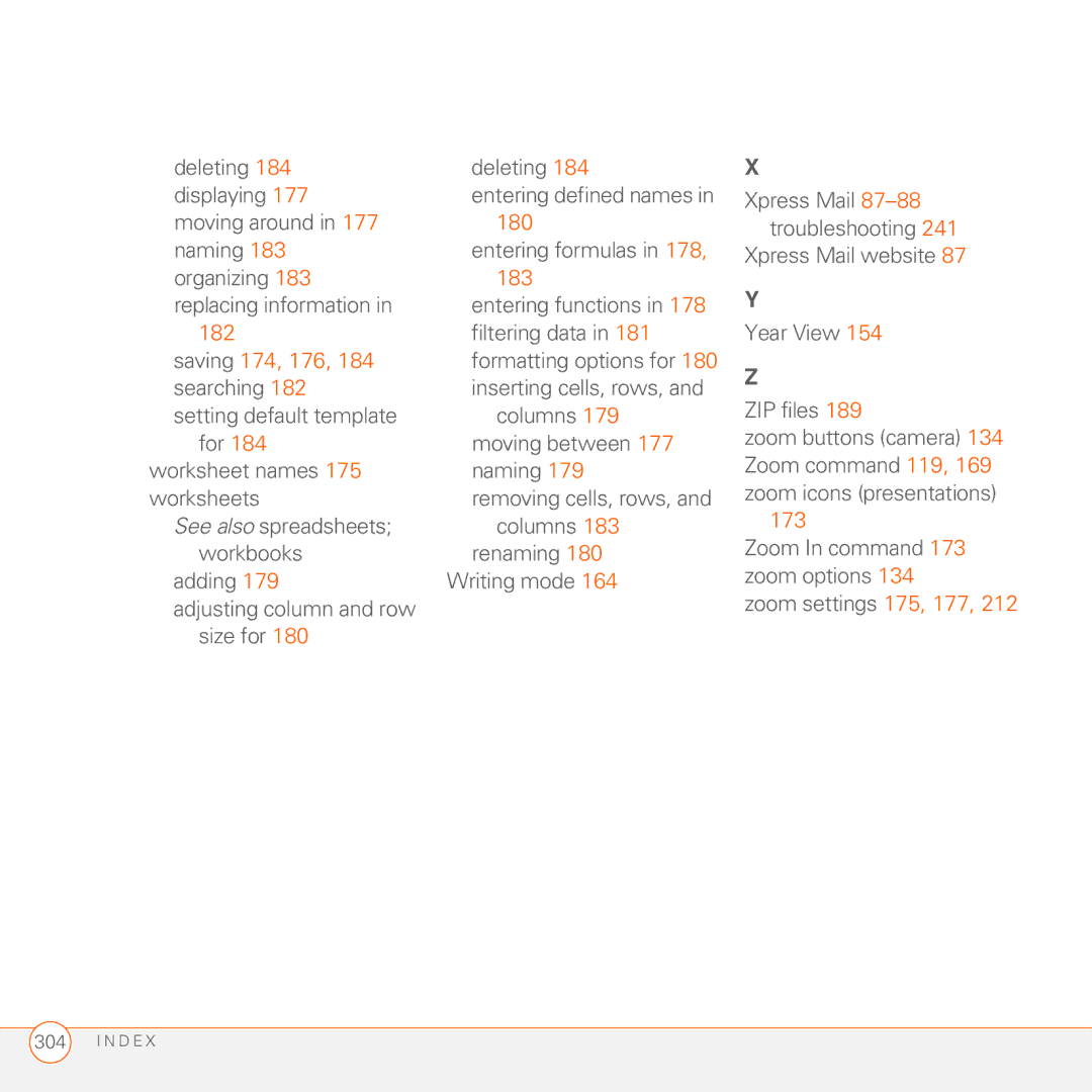 Palm 750 manual For 184 worksheet names 175 worksheets, Zoom In command 173 zoom options Zoom settings 175, 177 