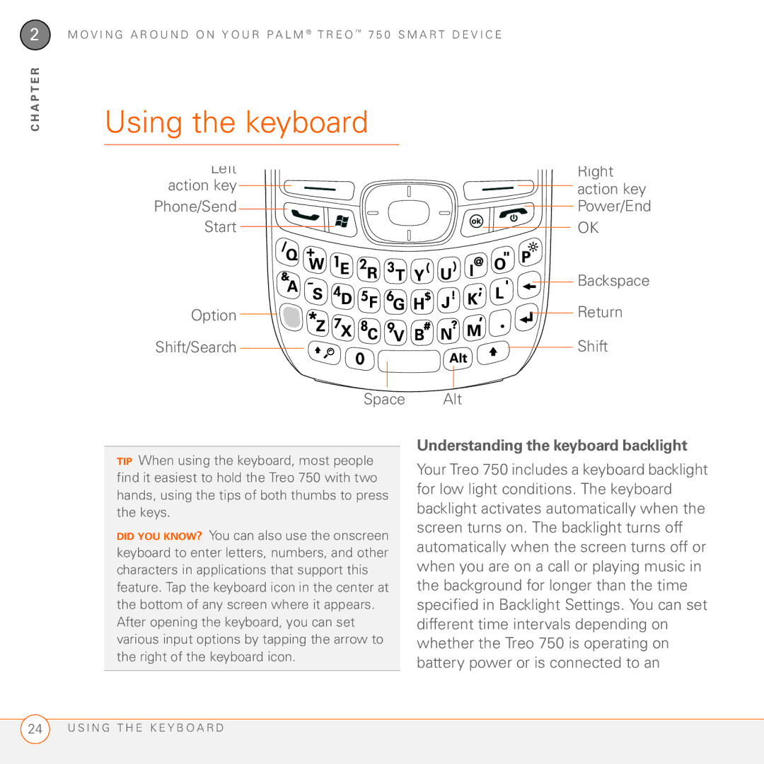 Palm 750 manual Using the keyboard, Understanding the keyboard backlight 