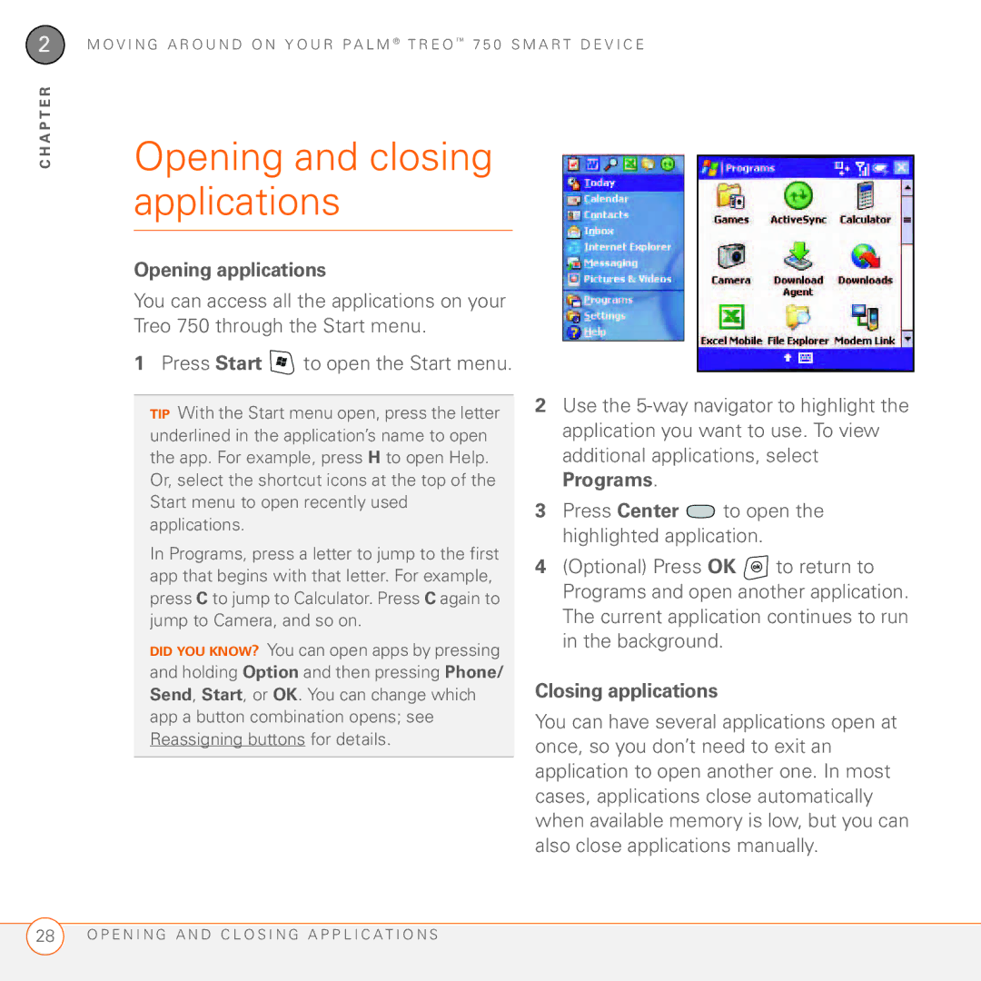 Palm 750 manual Opening and closing applications, Opening applications, Closing applications 