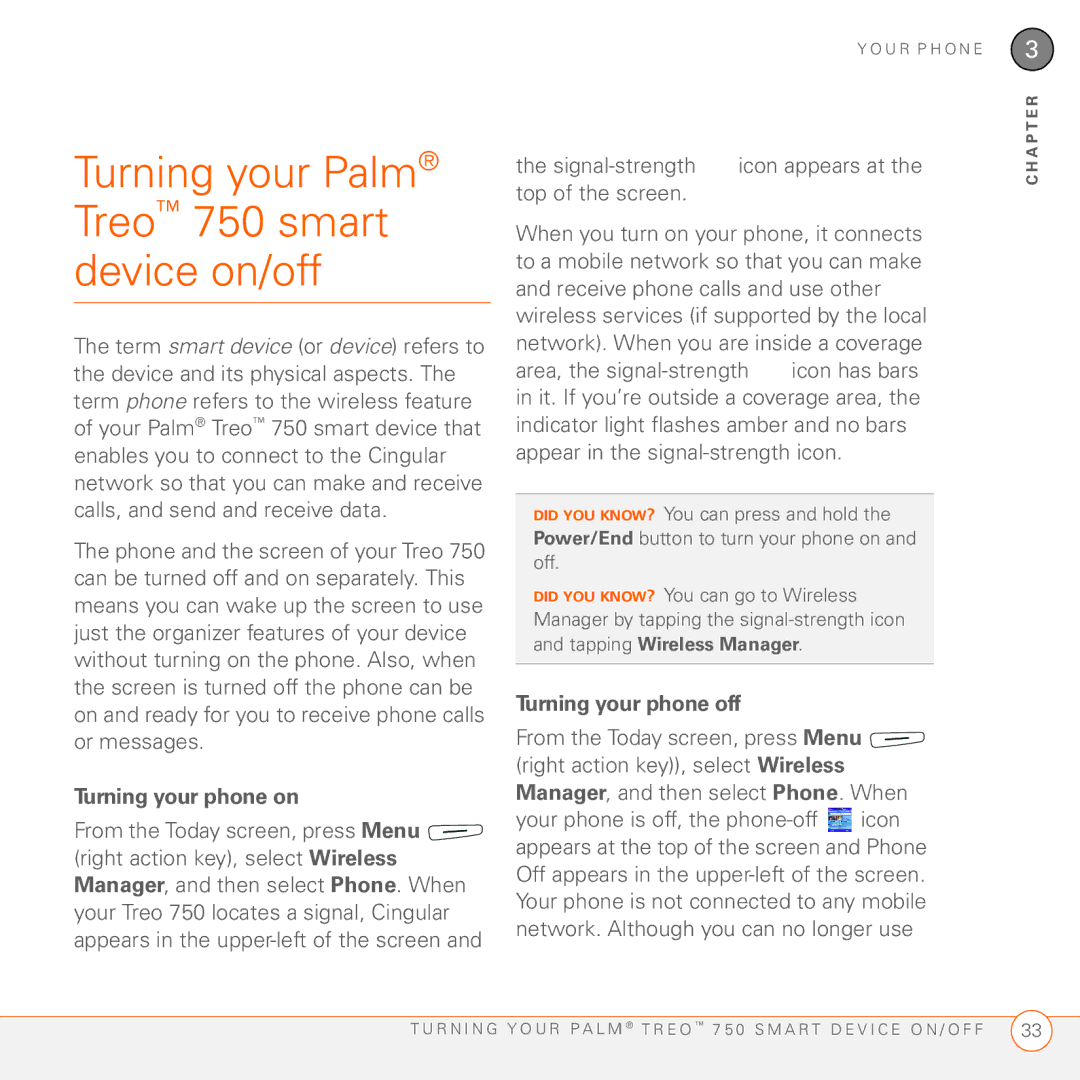 Palm manual Turning your Palm Treo 750 smart device on/off, Turning your phone on, Turning your phone off 