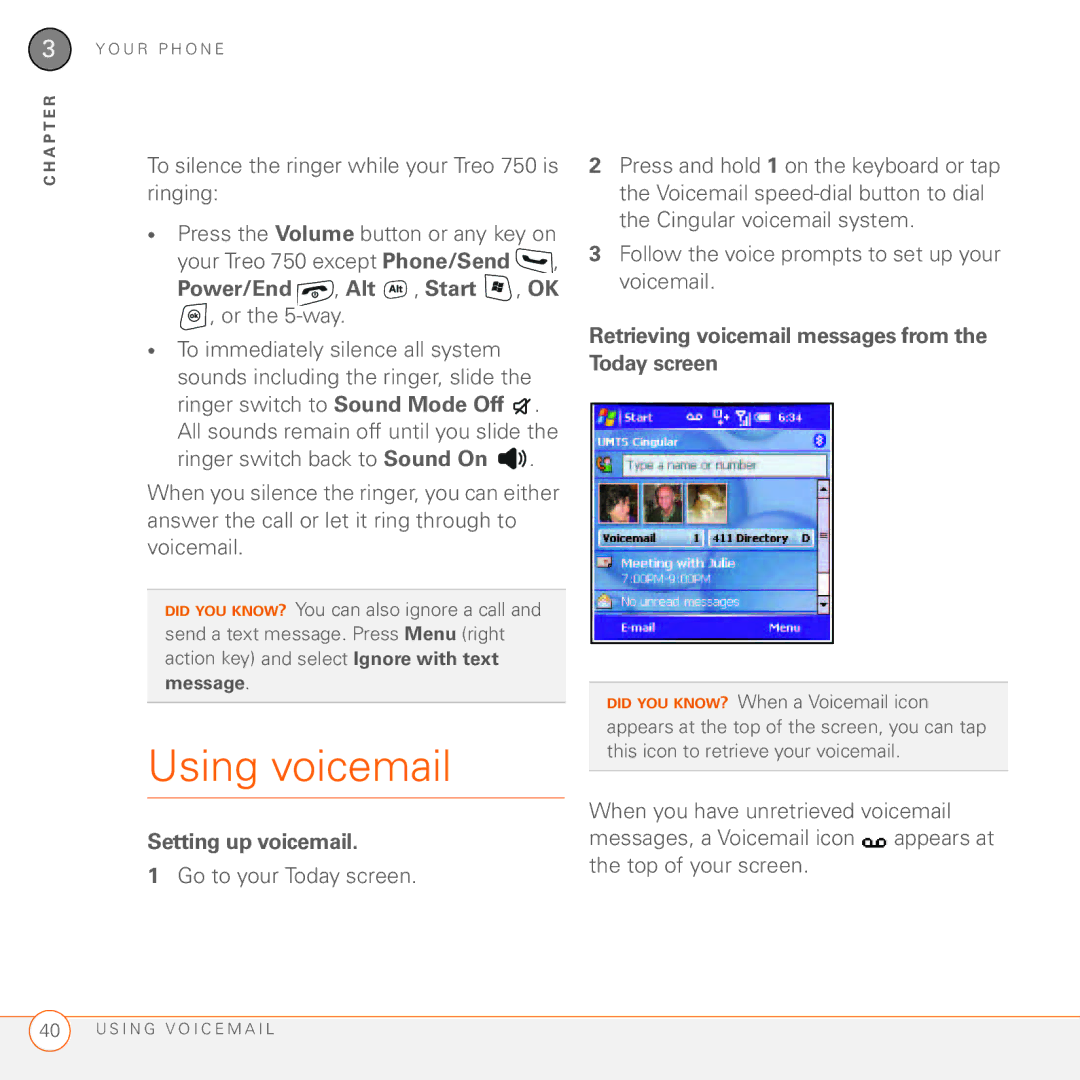 Palm 750 manual Using voicemail, Setting up voicemail, Retrieving voicemail messages from the Today screen 