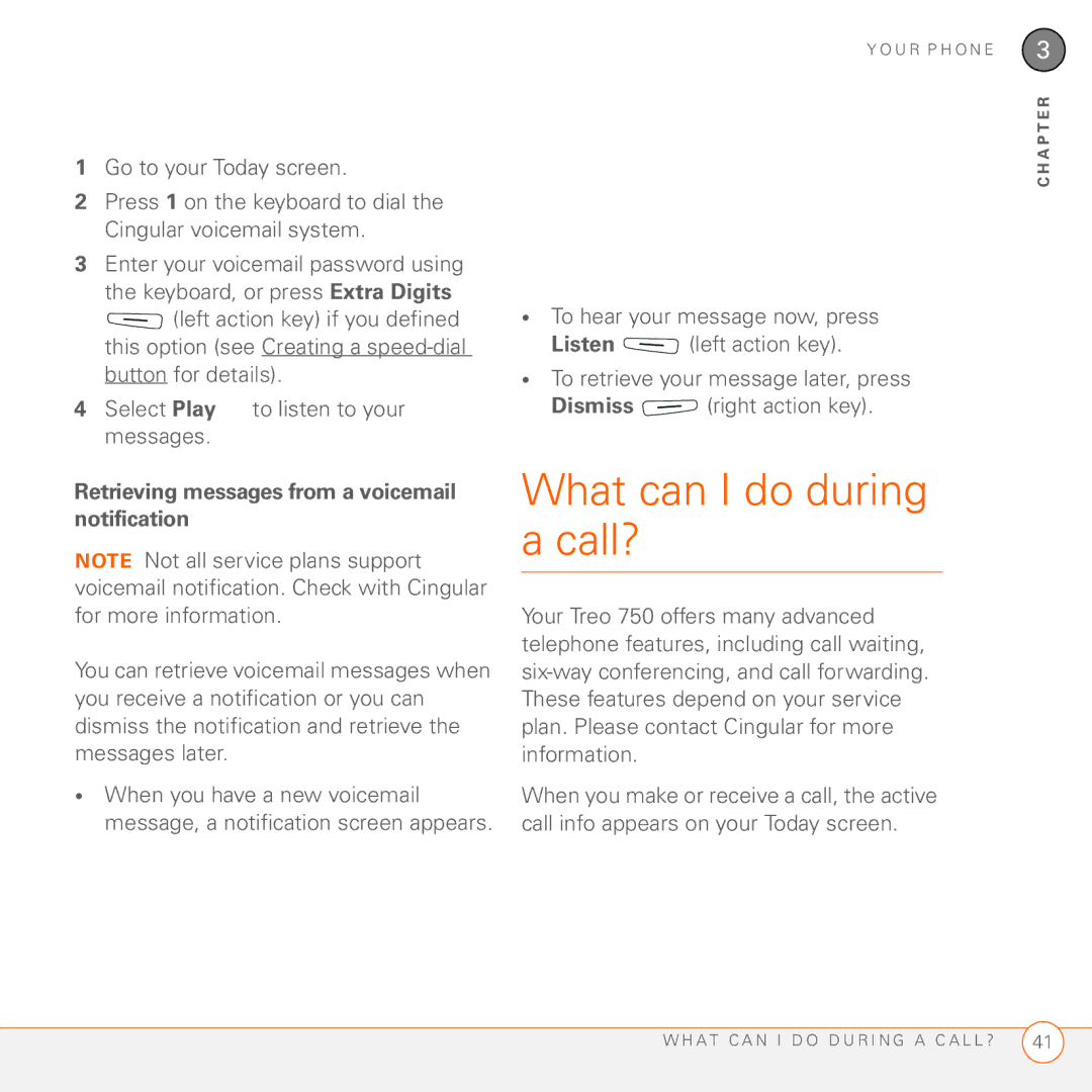 Palm 750 manual What can I do during a call?, Retrieving messages from a voicemail notification 