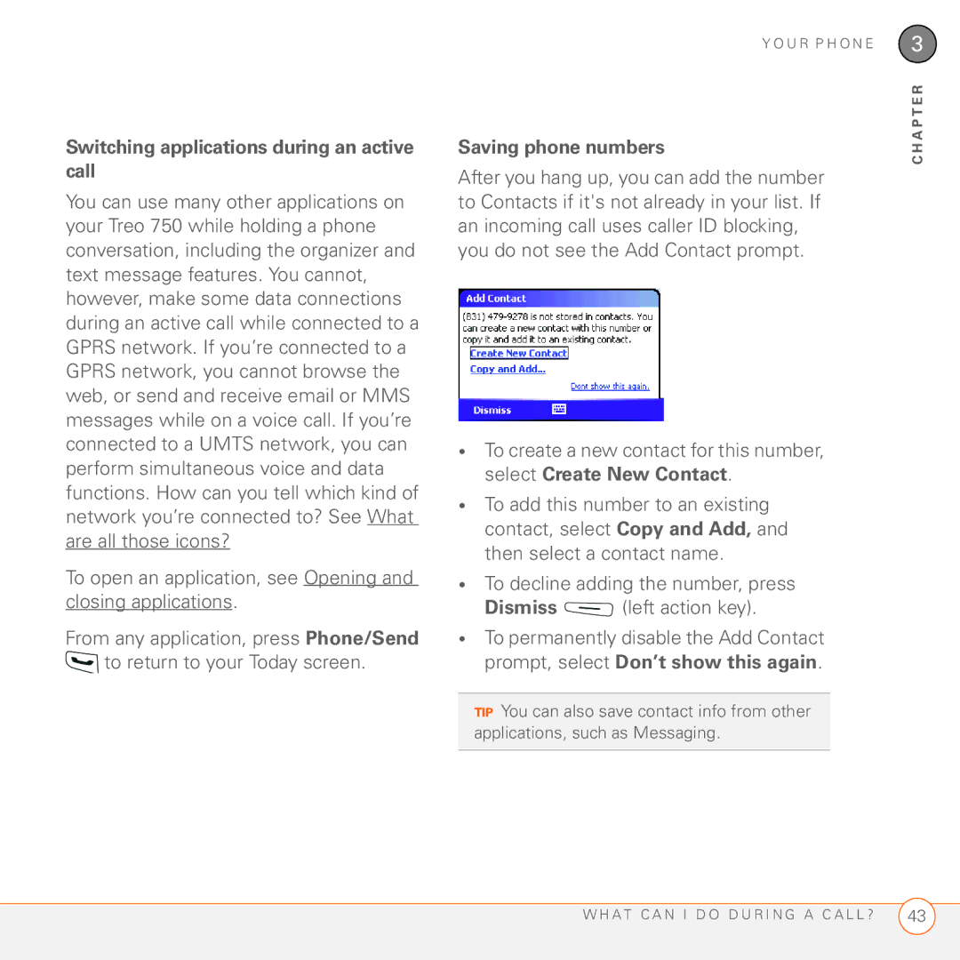 Palm 750 manual Switching applications during an active call, Saving phone numbers 