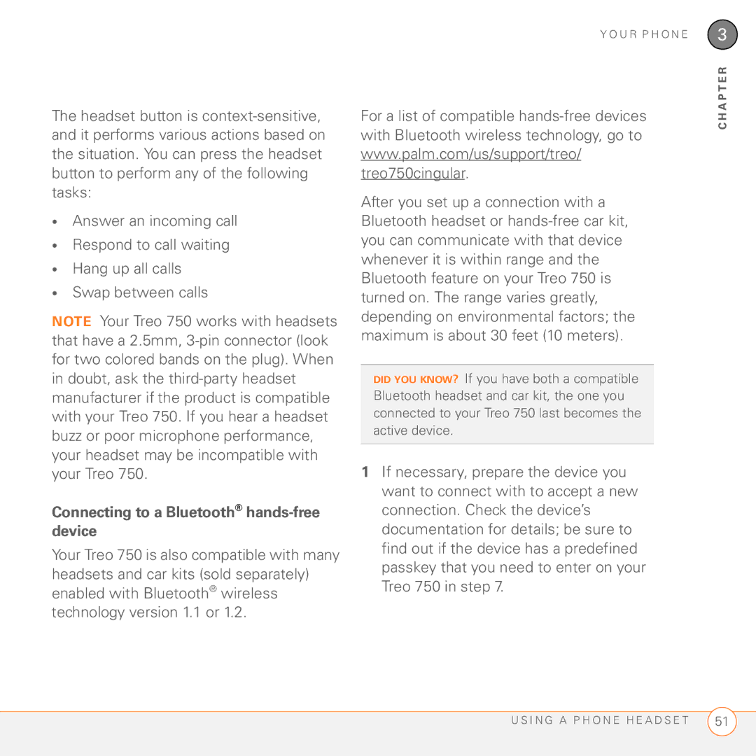 Palm 750 manual Connecting to a Bluetooth hands-free device 