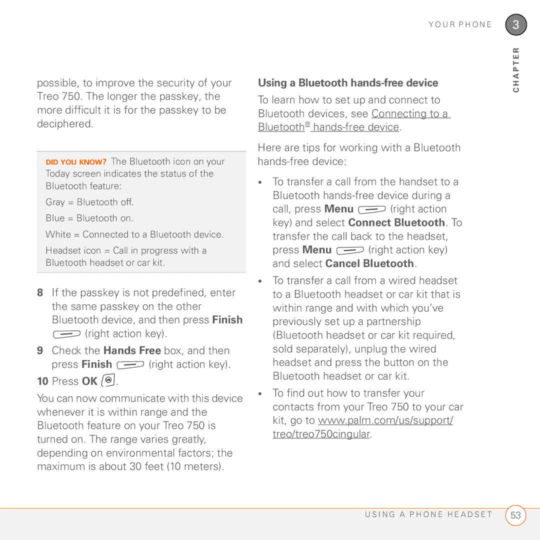 Palm 750 manual Using a Bluetooth hands-free device 