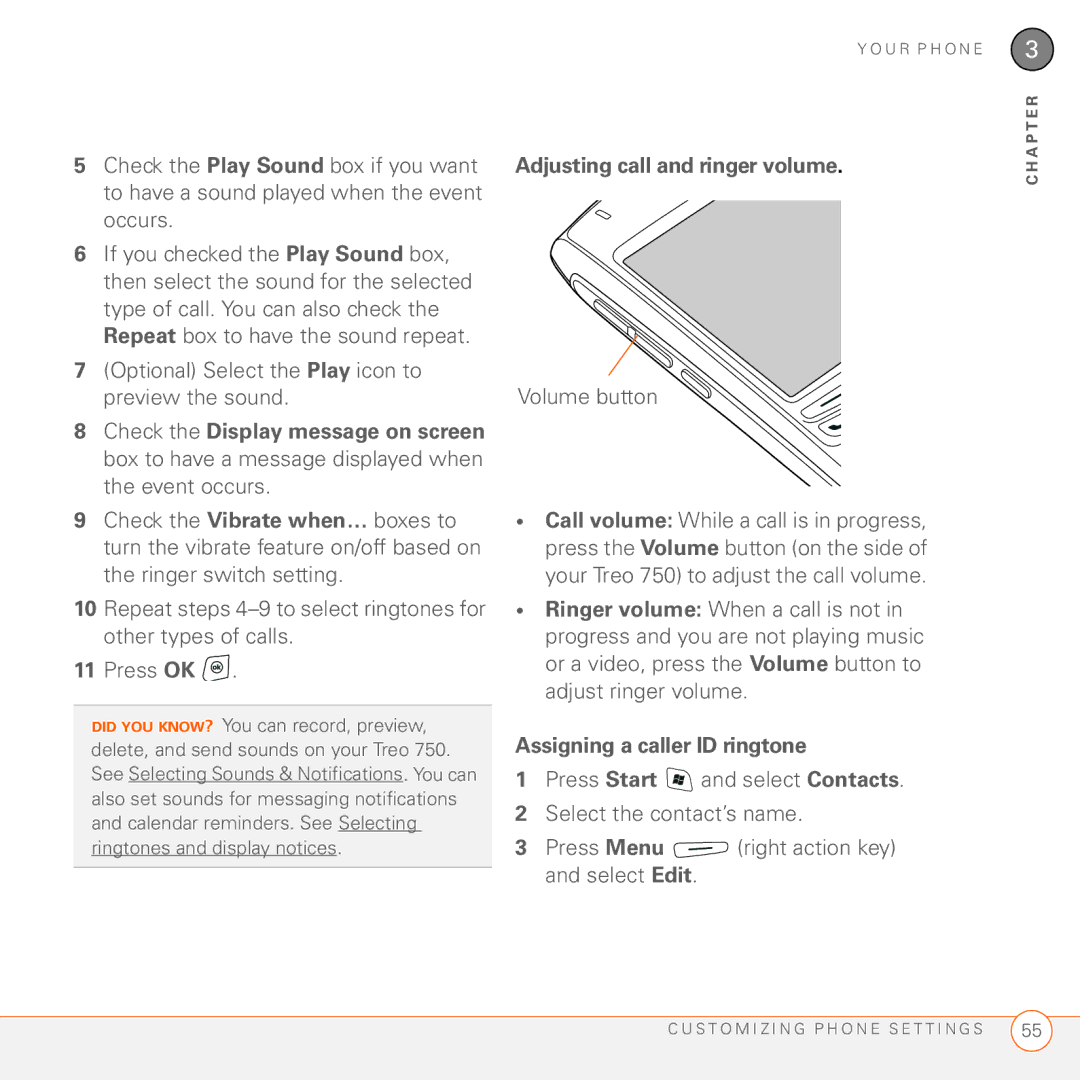 Palm 750 manual Optional Select the Play icon to preview the sound, Adjusting call and ringer volume 