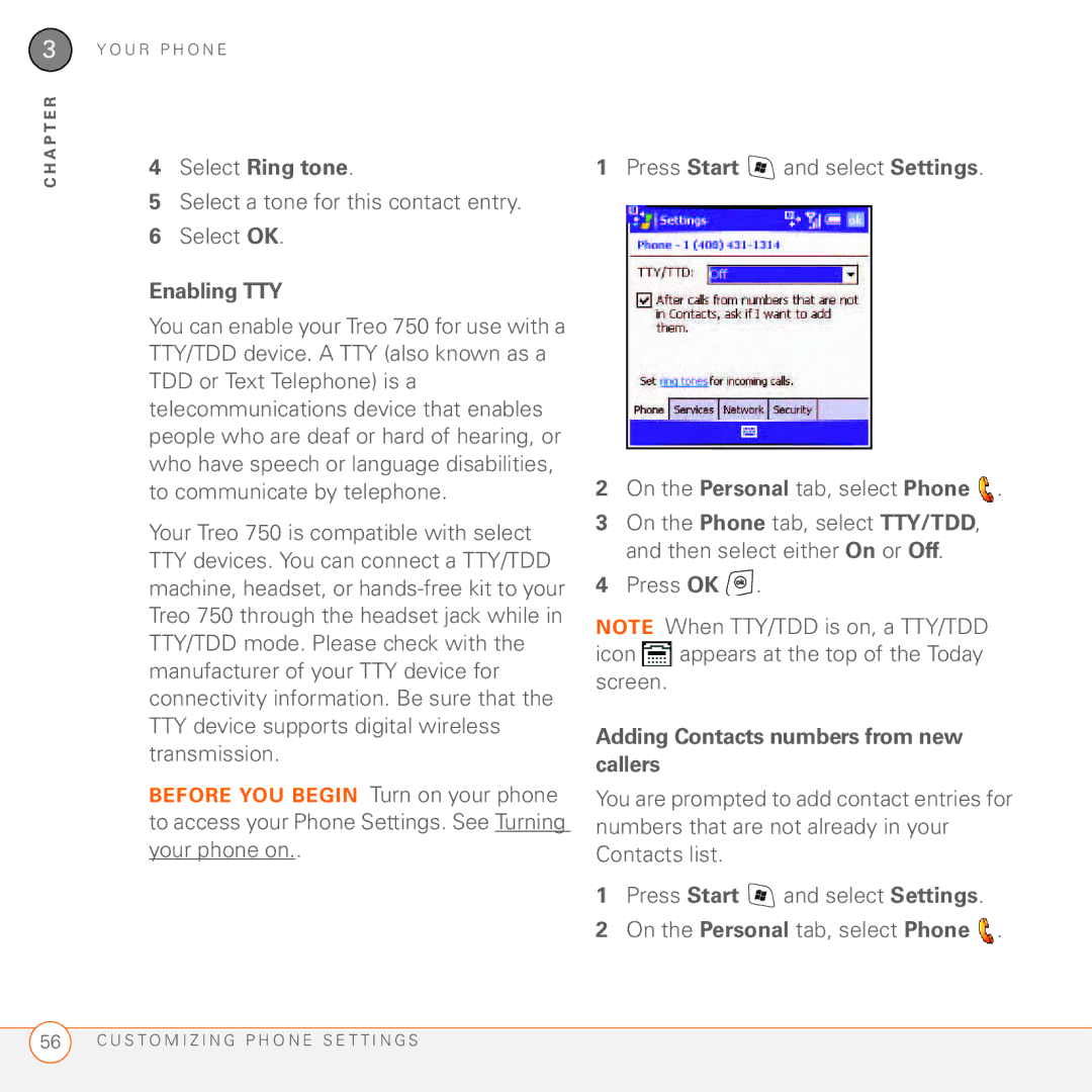 Palm 750 manual Select Ring tone, Select a tone for this contact entry Select OK, Enabling TTY 