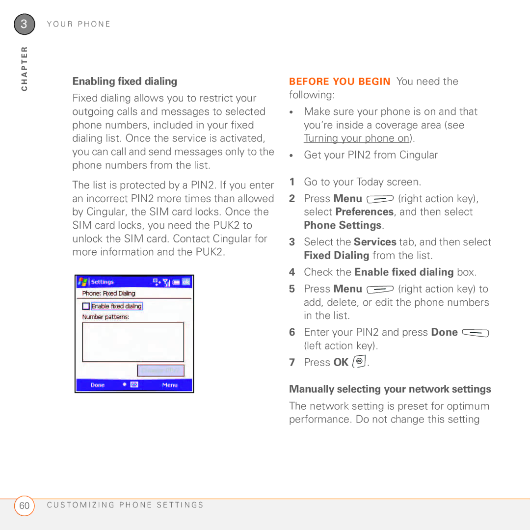 Palm 750 manual Enabling fixed dialing, Check the Enable fixed dialing box, Manually selecting your network settings 