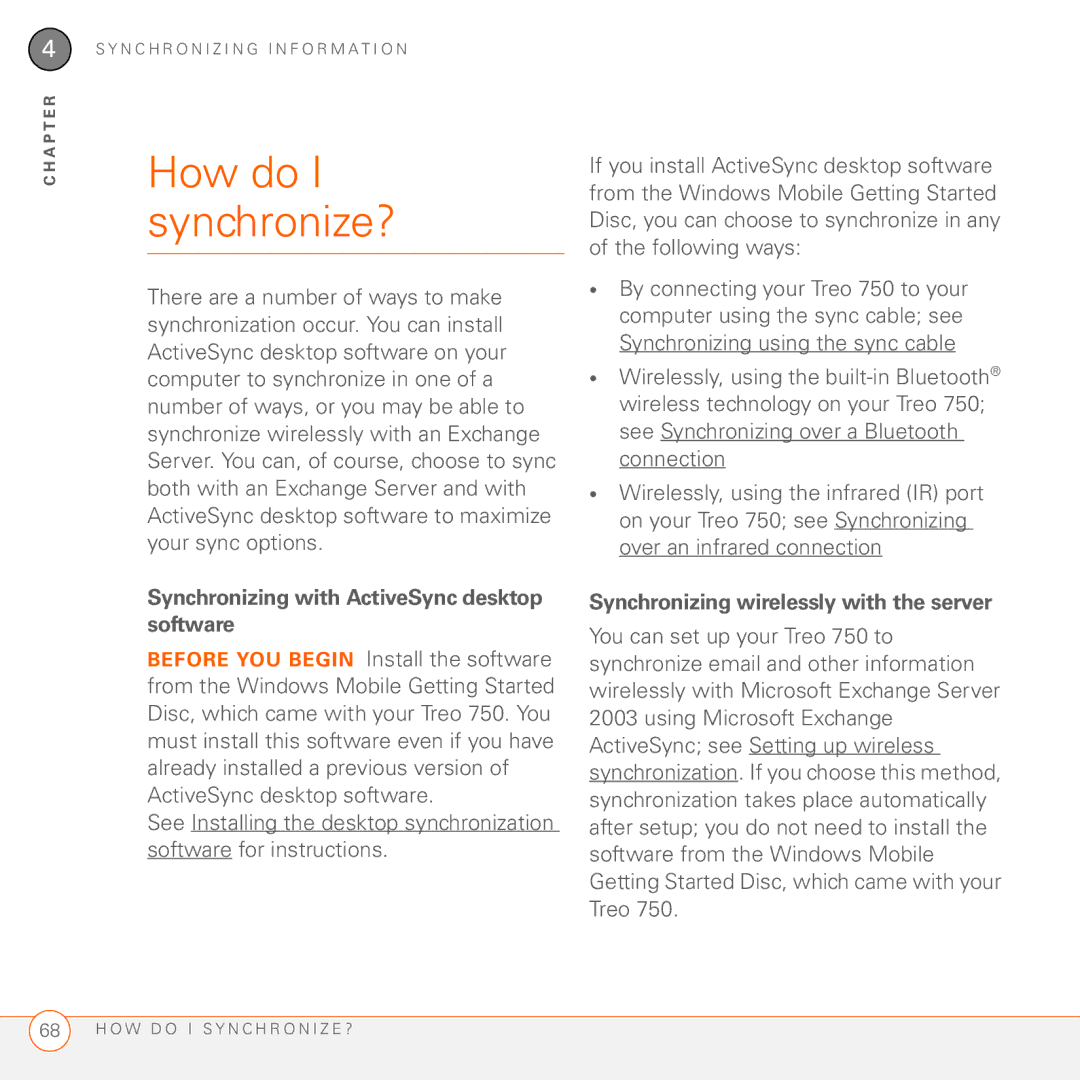 Palm 750 How do I synchronize?, Synchronizing with ActiveSync desktop software, Synchronizing wirelessly with the server 