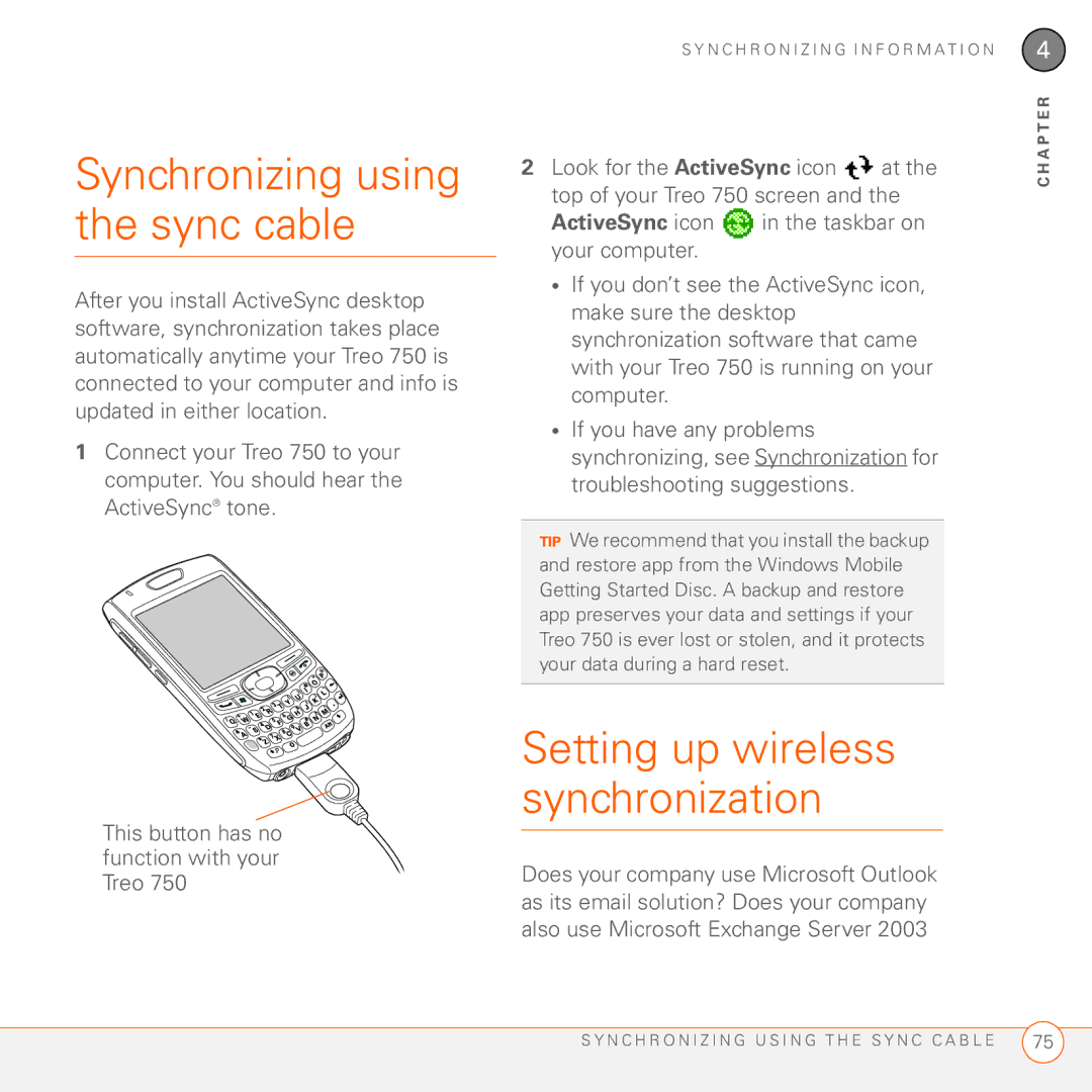 Palm 750 manual Synchronizing using the sync cable, Setting up wireless synchronization 