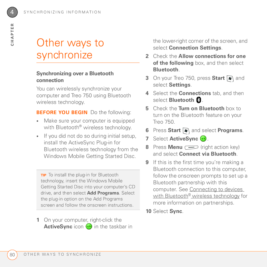 Palm 750 manual Other ways to synchronize, Synchronizing over a Bluetooth connection 