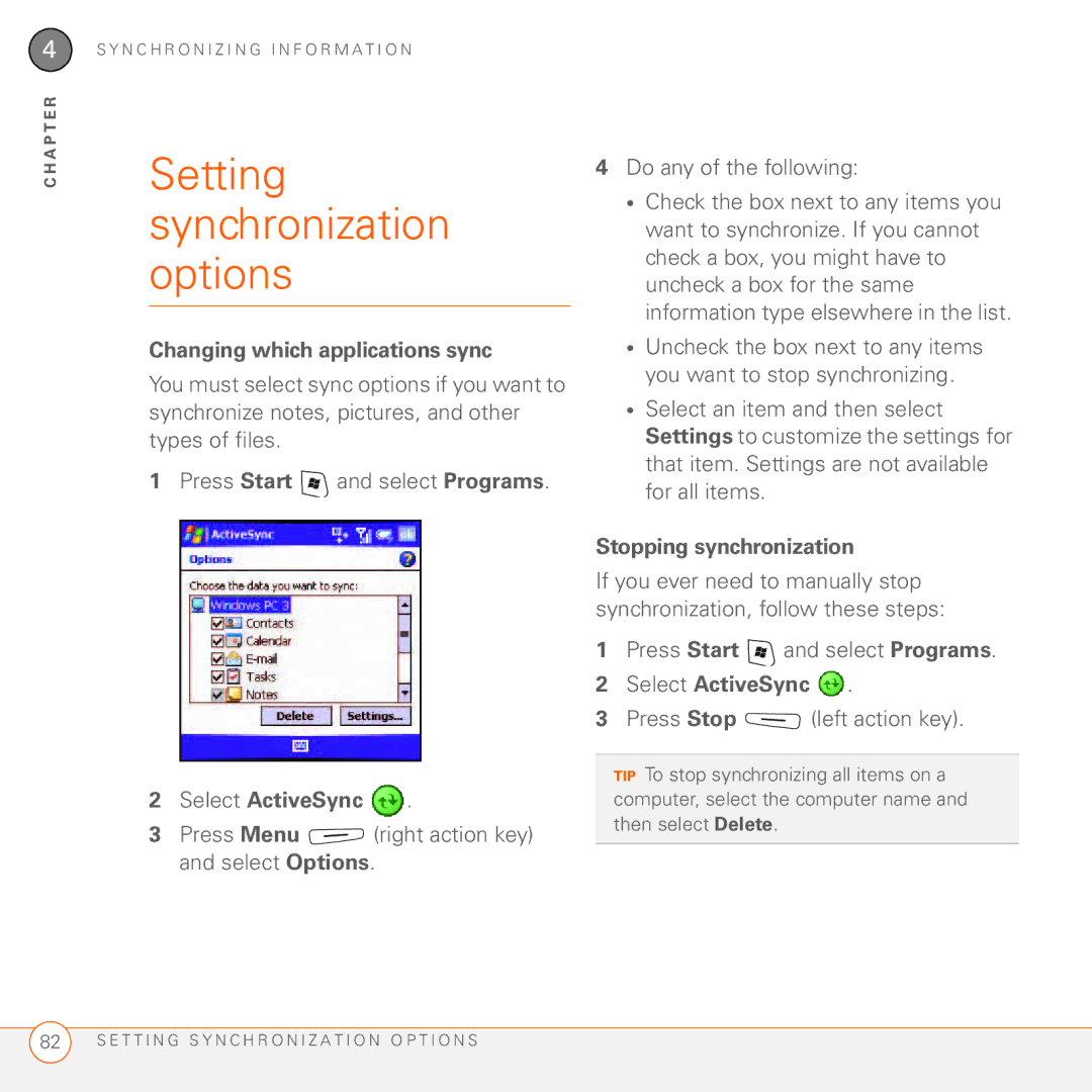 Palm 750 manual Setting synchronization options, Changing which applications sync, Stopping synchronization 