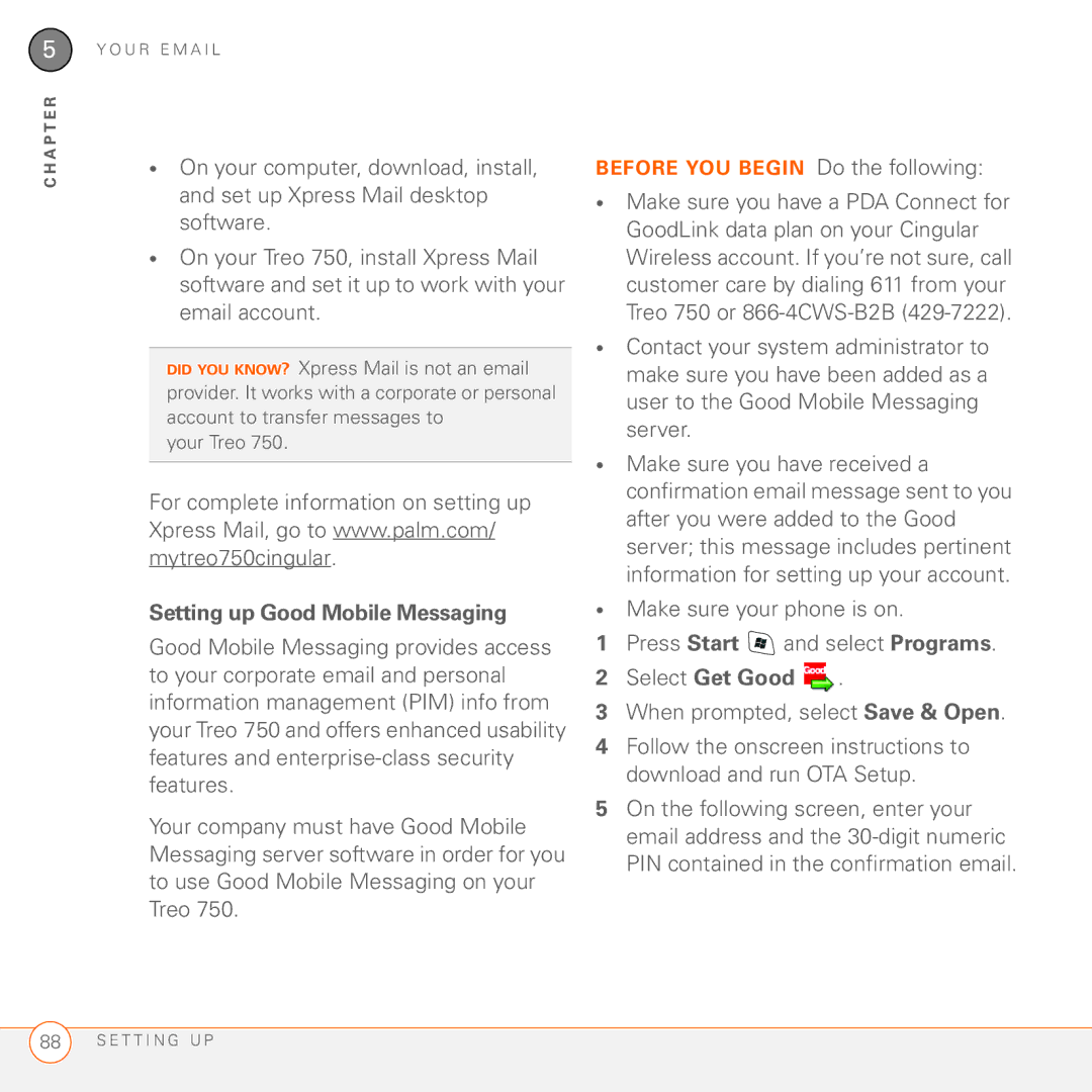 Palm manual Mytreo750cingular, Setting up Good Mobile Messaging 