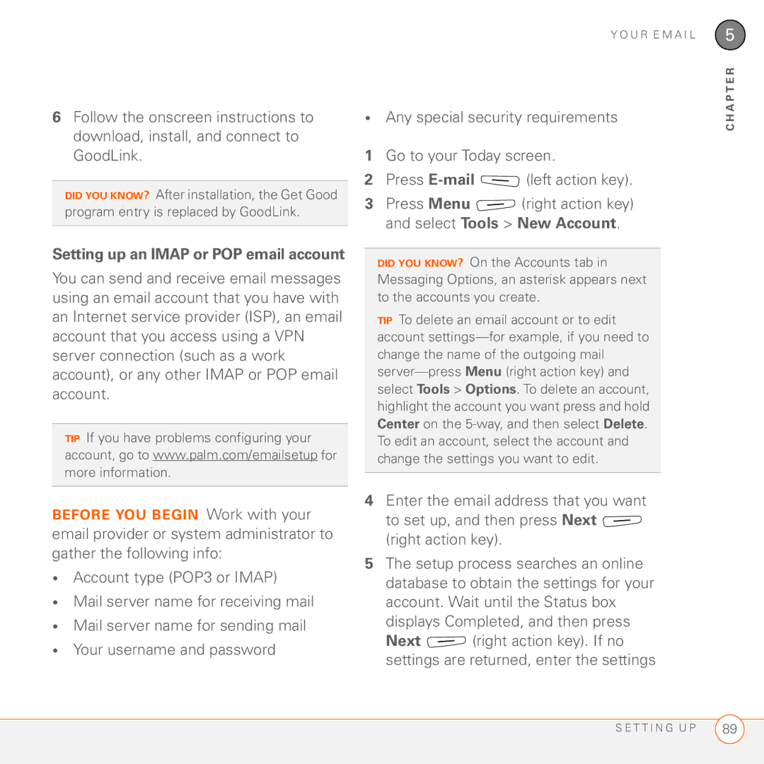 Palm 750 manual Setting up an Imap or POP email account 