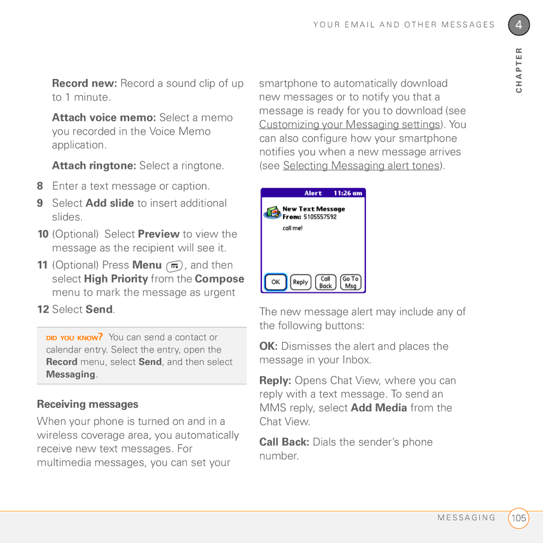 Palm 755P manual Record new Record a sound clip of up to 1 minute, Receiving messages 