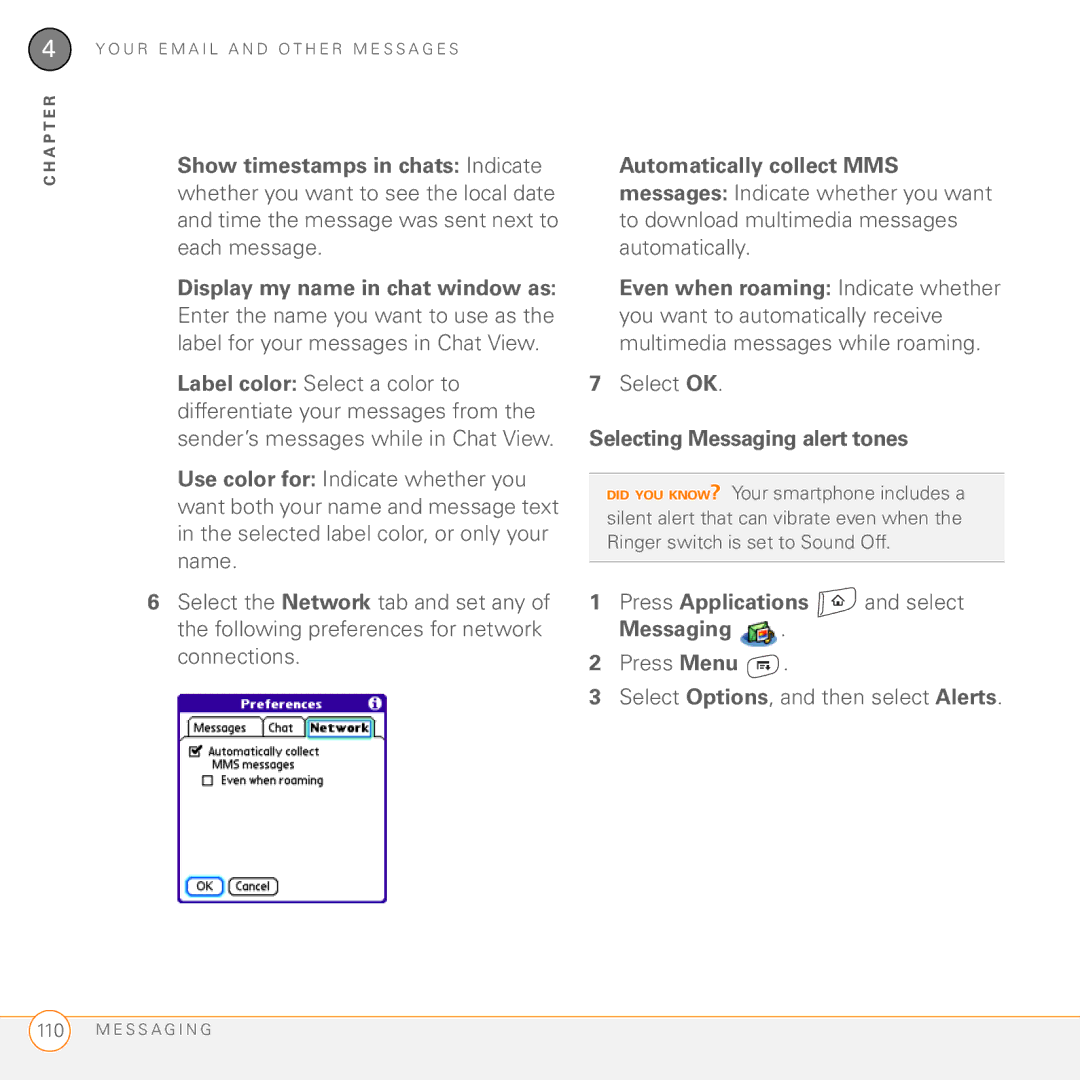 Palm 755P manual Show timestamps in chats Indicate, Display my name in chat window as, Automatically collect MMS 