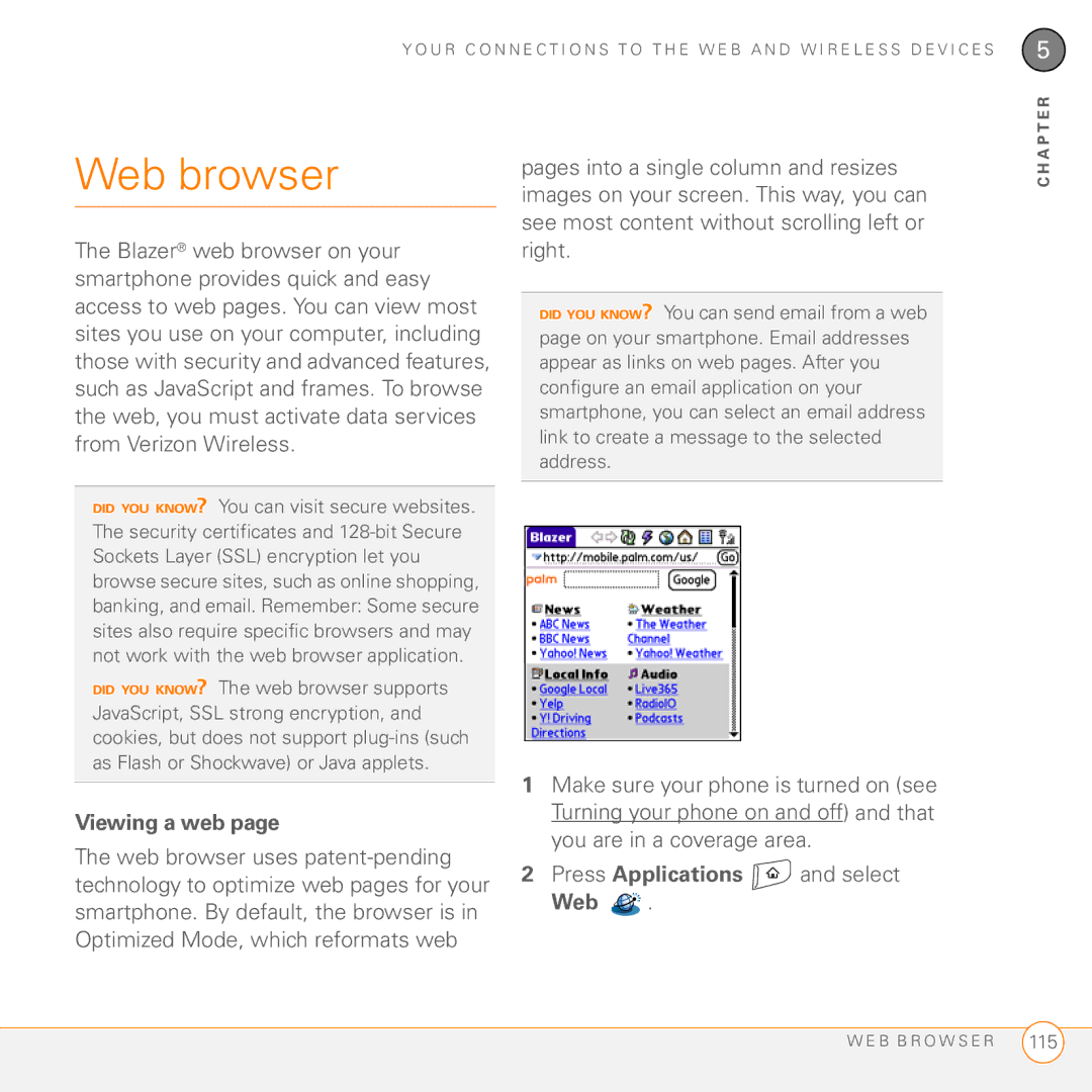 Palm 755P manual Web browser, Viewing a web, Press Applications and select Web 