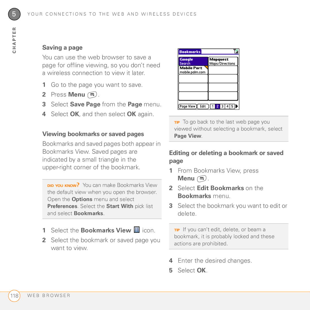 Palm 755P manual Saving a, Viewing bookmarks or saved pages, Editing or deleting a bookmark or saved 