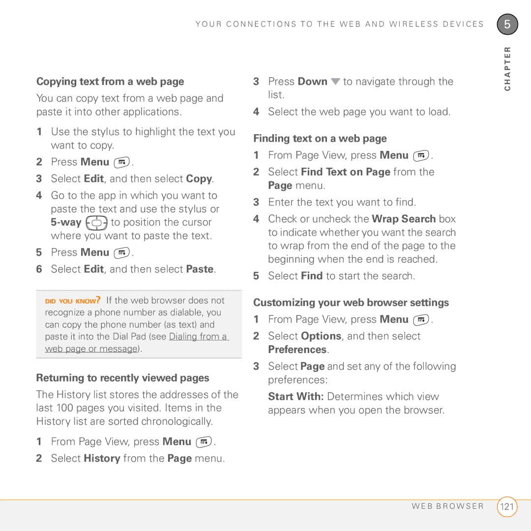 Palm 755P manual Copying text from a web, Returning to recently viewed pages, Finding text on a web 