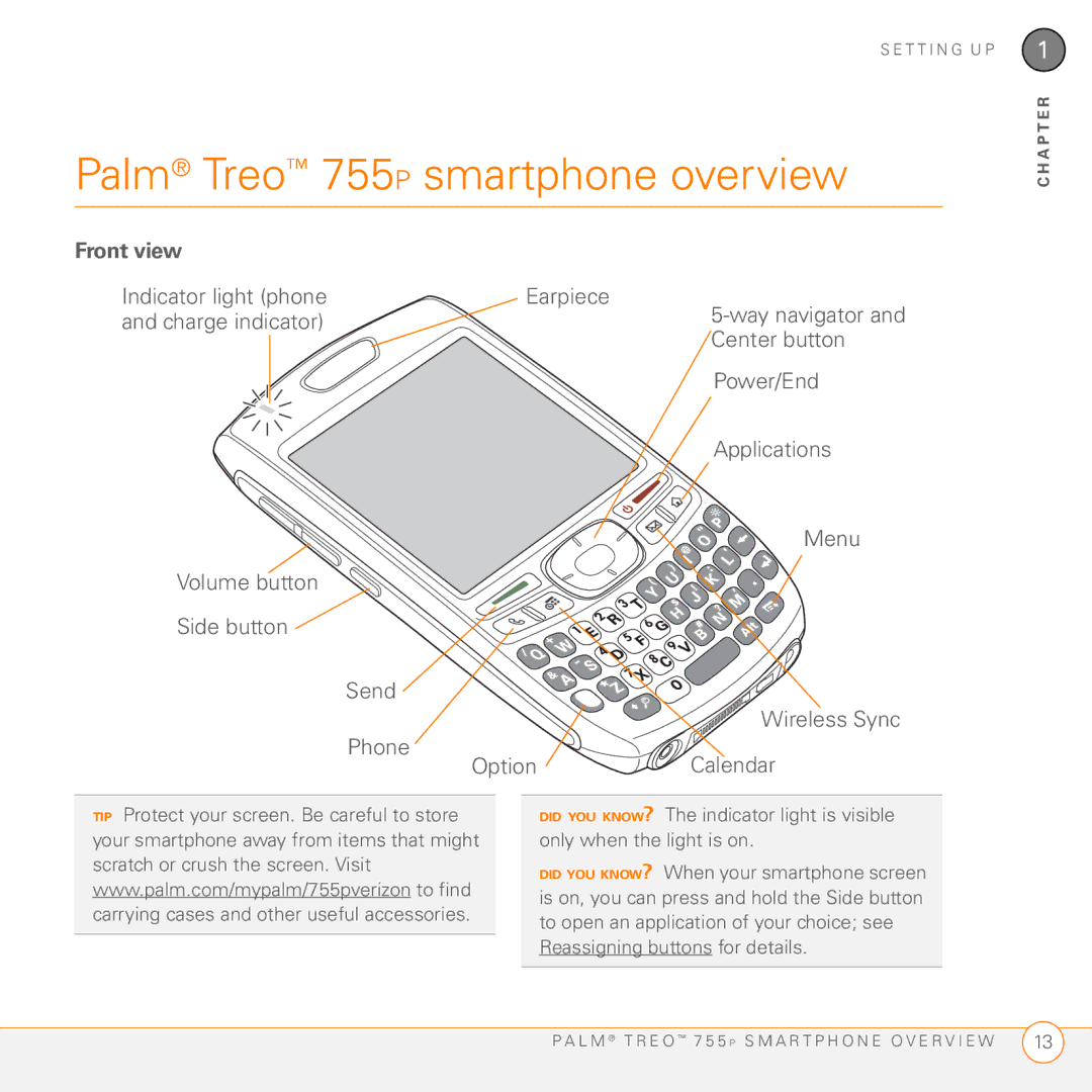 Palm manual Palm Treo 755P smartphone overview, Front view 