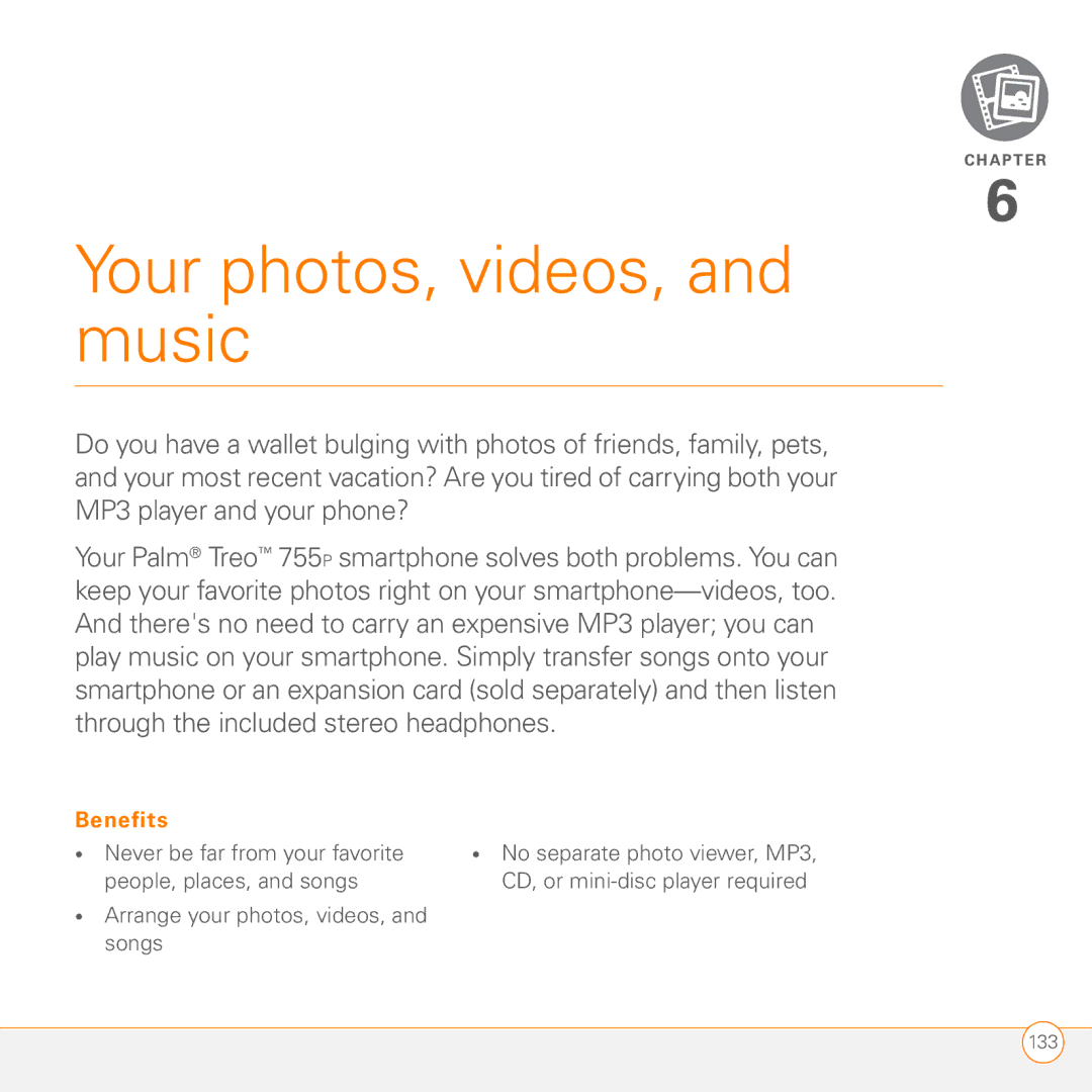 Palm 755P manual Your photos, videos, and music 