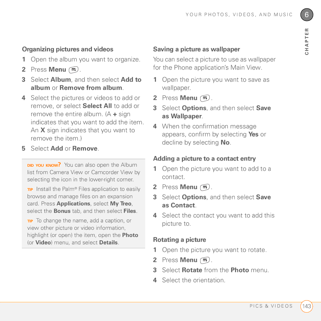 Palm 755P manual Organizing pictures and videos, Saving a picture as wallpaper, Adding a picture to a contact entry 