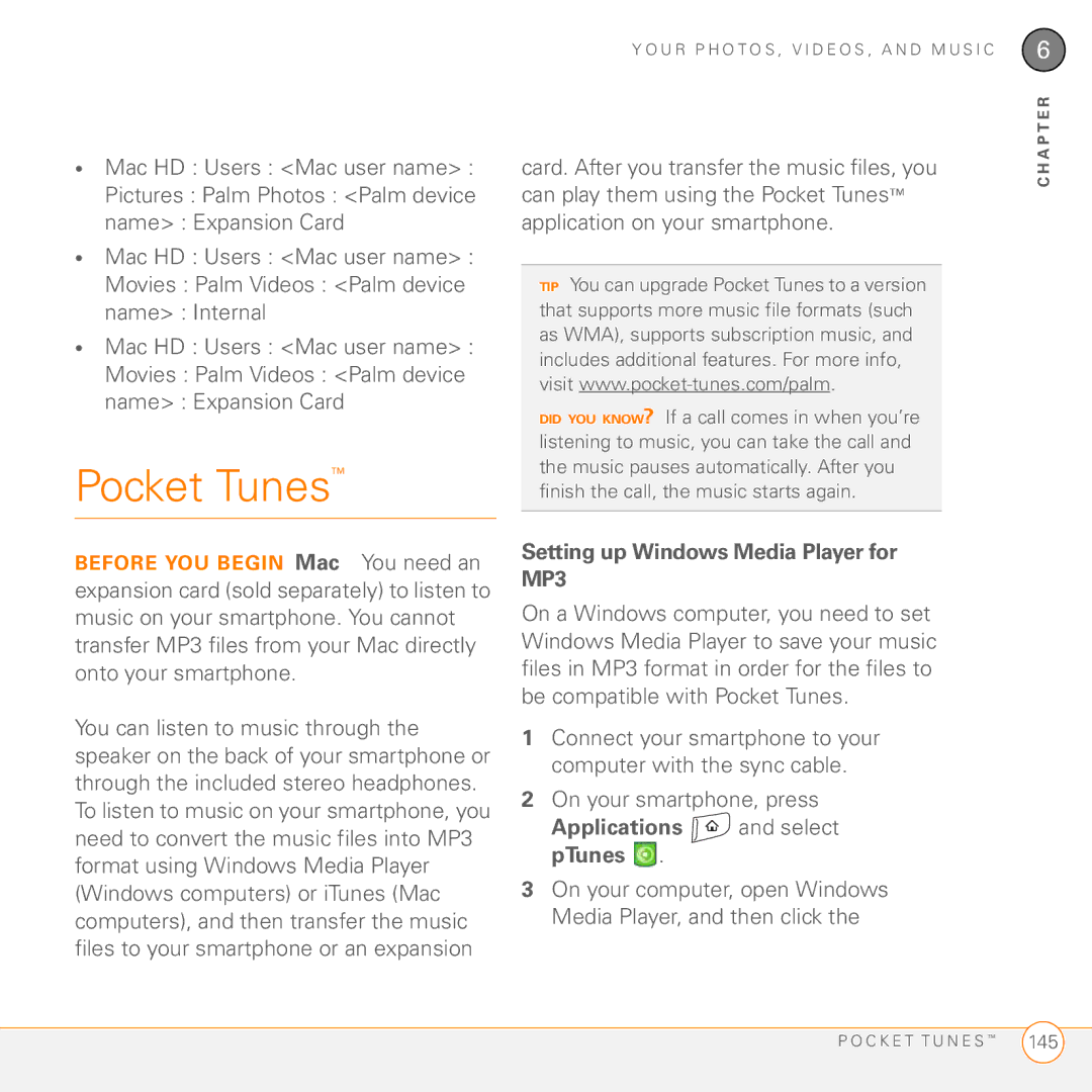 Palm 755P manual Pocket Tunes, Setting up Windows Media Player for MP3, Applications and select pTunes 