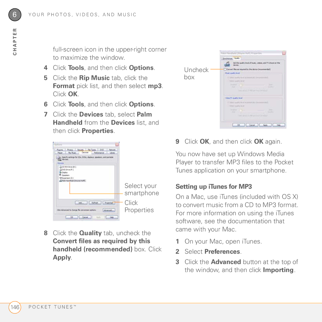 Palm 755P manual Setting up iTunes for MP3, Select Preferences 